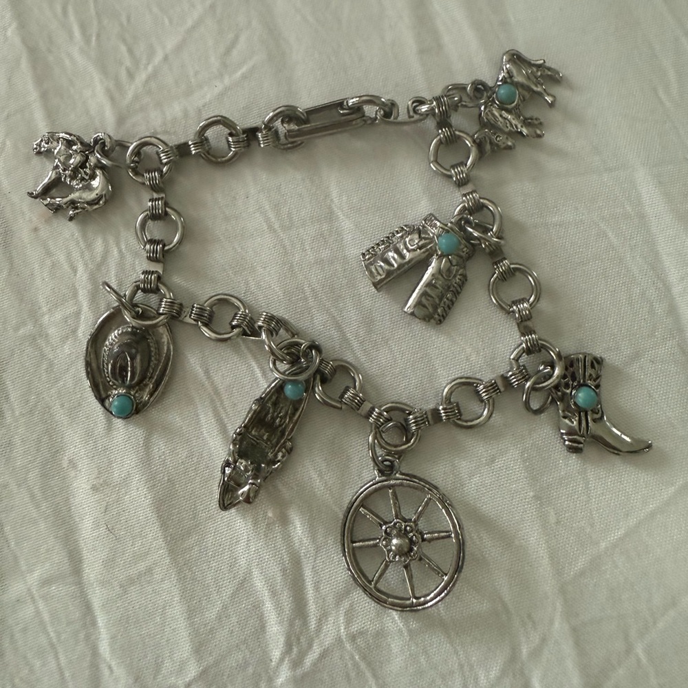 Silver tone Charm Bracelet with Turquoise color Accents